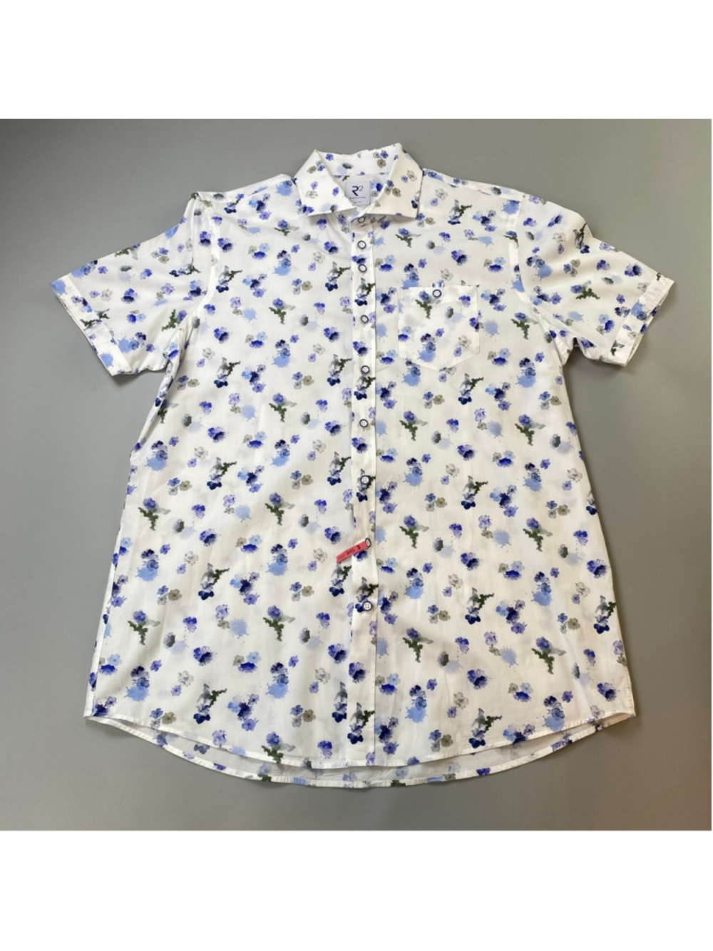 R2 Amsterdam Shirt Mens 43 Neck 17 White Blue Floral Summer Preppy Modern Dutch